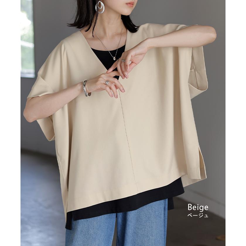 ブラウス ポンチョ 深Vネック レディース トップス ベスト ロング シャツ チュニック プルオーバー ロングシャツ Vネック レイヤード フレア 半袖 大判 きれいめ | HUG.U | 15