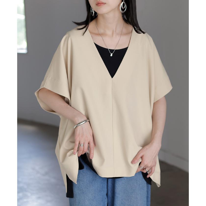 ブラウス ポンチョ 深Vネック レディース トップス ベスト ロング シャツ チュニック プルオーバー ロングシャツ Vネック レイヤード フレア 半袖 大判 きれいめ | HUG.U | 08