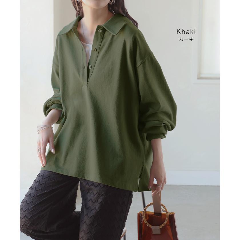 ラガーシャツ レディース 綿100％ トップス ポロシャツ ロンT カットソー 襟付き 長袖 チュニック Vネック コットン 天竺 ゆったり 体型カバー 大きいサイズ | HUG.U | 13