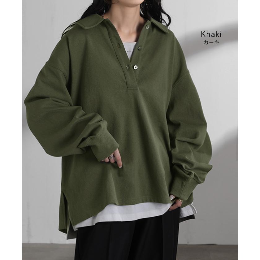 ラガーシャツ レディース 綿100％ トップス ポロシャツ ロンT カットソー 襟付き 長袖 チュニック Vネック コットン 天竺 ゆったり 体型カバー 大きいサイズ | HUG.U | 13