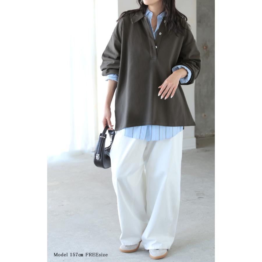 ラガーシャツ レディース 綿100％ トップス ポロシャツ ロンT カットソー 襟付き 長袖 チュニック Vネック コットン 天竺 ゆったり 体型カバー 大きいサイズ | HUG.U | 16