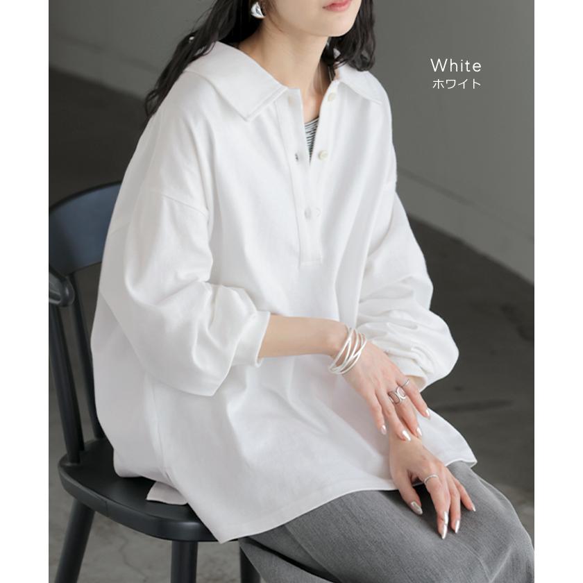 ラガーシャツ レディース 綿100％ トップス ポロシャツ ロンT カットソー 襟付き 長袖 チュニック Vネック コットン 天竺 ゆったり 体型カバー 大きいサイズ | HUG.U | 19