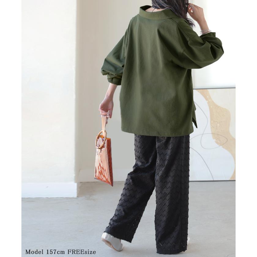 ラガーシャツ レディース 綿100％ トップス ポロシャツ ロンT カットソー 襟付き 長袖 チュニック Vネック コットン 天竺 ゆったり 体型カバー 大きいサイズ | HUG.U | 20