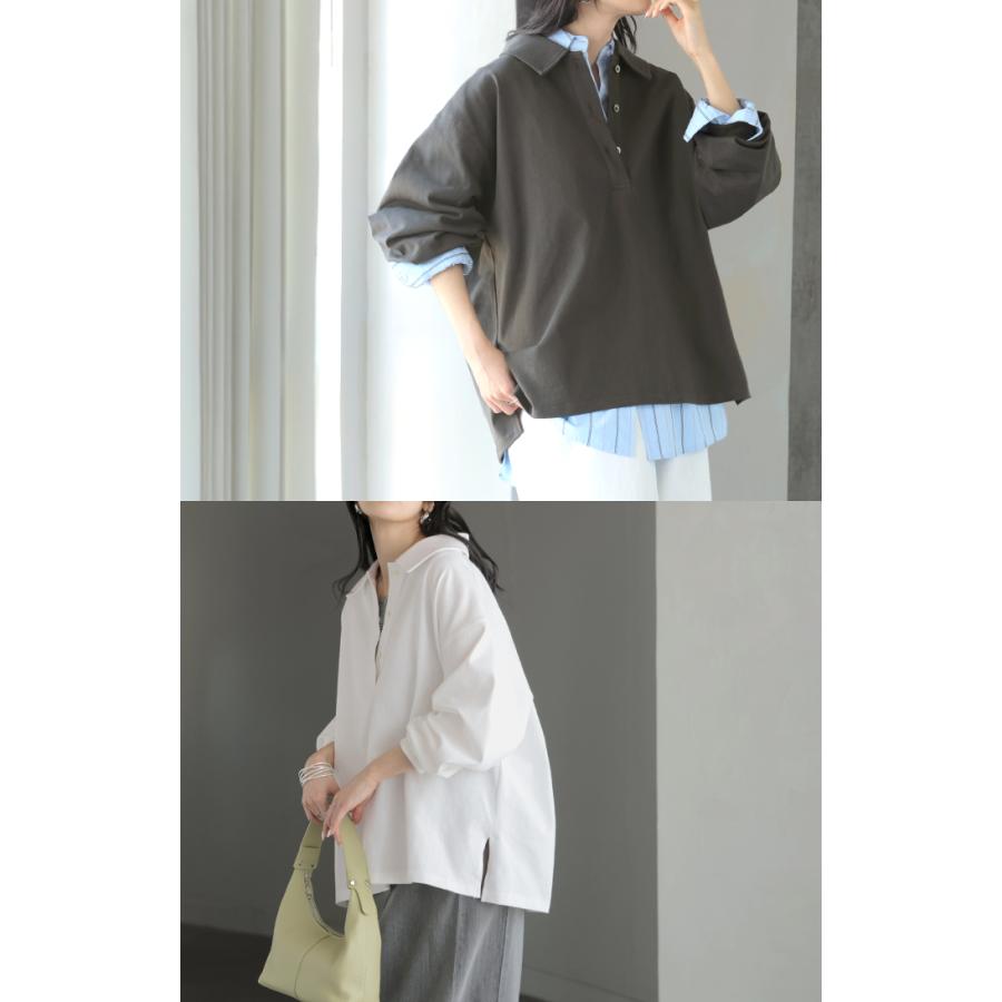 ラガーシャツ レディース 綿100％ トップス ポロシャツ ロンT カットソー 襟付き 長袖 チュニック Vネック コットン 天竺 ゆったり 体型カバー 大きいサイズ | HUG.U | 21