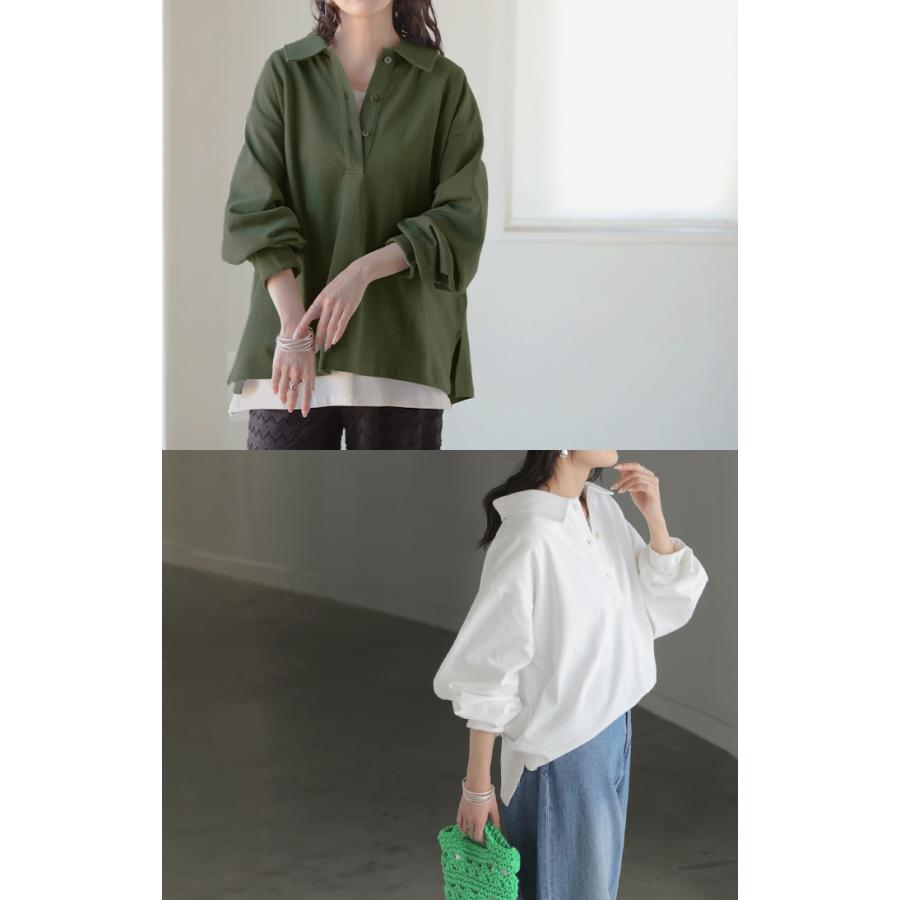 ラガーシャツ レディース 綿100％ トップス ポロシャツ ロンT カットソー 襟付き 長袖 チュニック Vネック コットン 天竺 ゆったり 体型カバー 大きいサイズ | HUG.U | 23