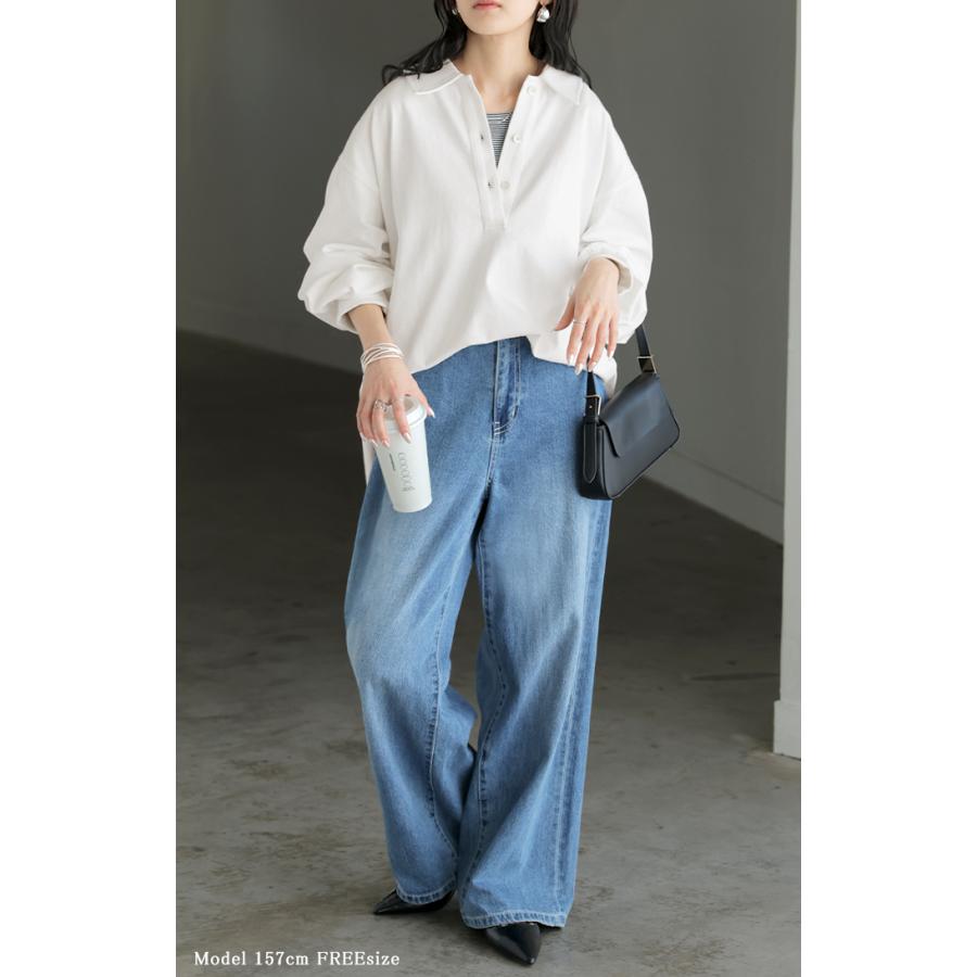 ラガーシャツ レディース 綿100％ トップス ポロシャツ ロンT カットソー 襟付き 長袖 チュニック Vネック コットン 天竺 ゆったり 体型カバー 大きいサイズ | HUG.U | 06