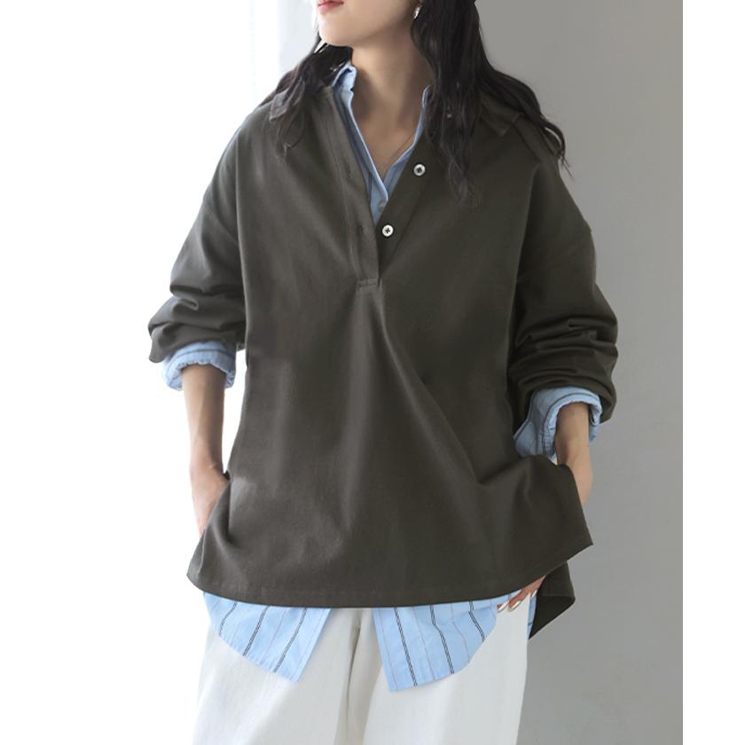 ラガーシャツ レディース 綿100％ トップス ポロシャツ ロンT カットソー 襟付き 長袖 チュニック Vネック コットン 天竺 ゆったり 体型カバー 大きいサイズ | HUG.U | 07