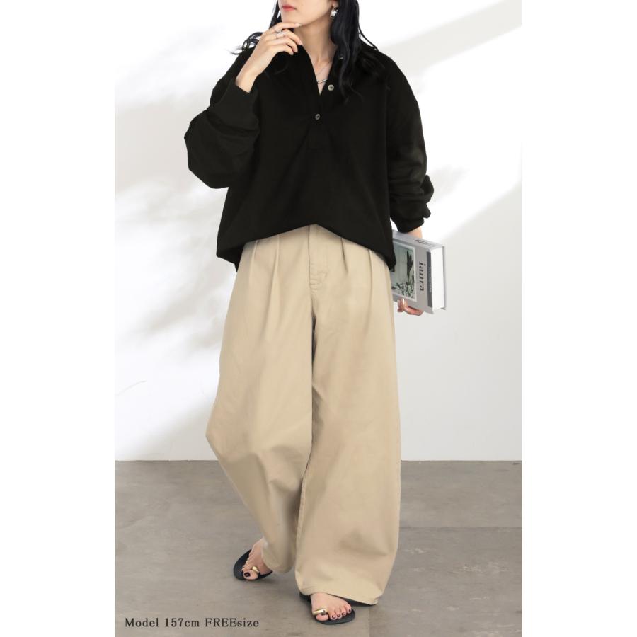 ラガーシャツ レディース 綿100％ トップス ポロシャツ ロンT カットソー 襟付き 長袖 チュニック Vネック コットン 天竺 ゆったり 体型カバー 大きいサイズ | HUG.U | 09