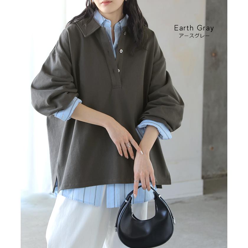 ラガーシャツ レディース 綿100％ トップス ポロシャツ ロンT カットソー 襟付き 長袖 チュニック Vネック コットン 天竺 ゆったり 体型カバー 大きいサイズ | HUG.U | 11