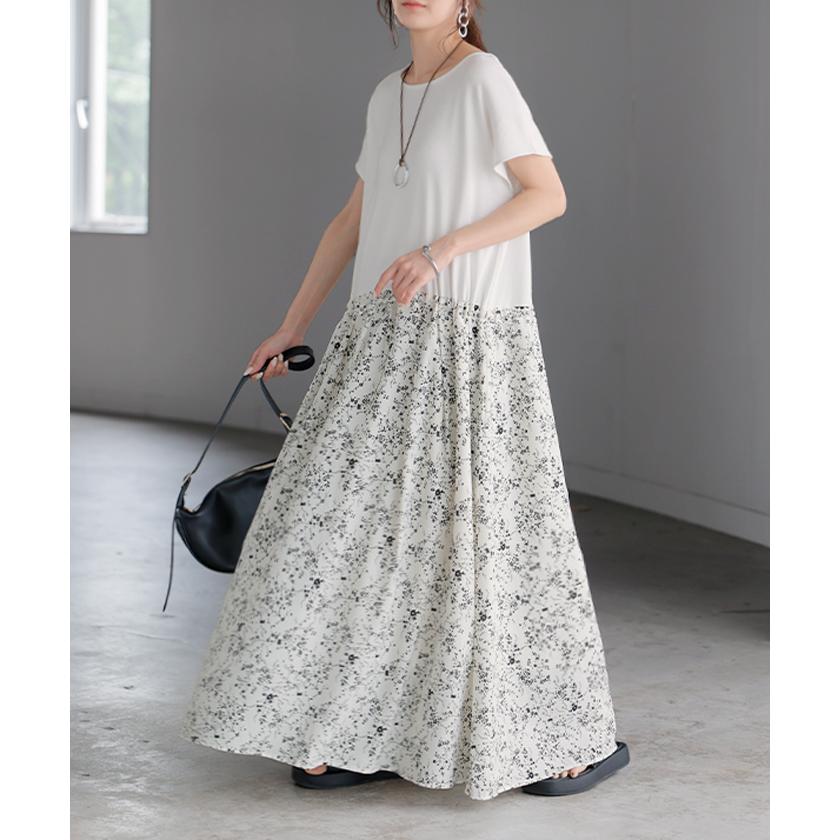ワンピース ロング 花柄 異素材 ドッキング レディース ワンピ ロングワンピース ドッキングワンピース マキシワンピース Aライン | HUG.U | 06