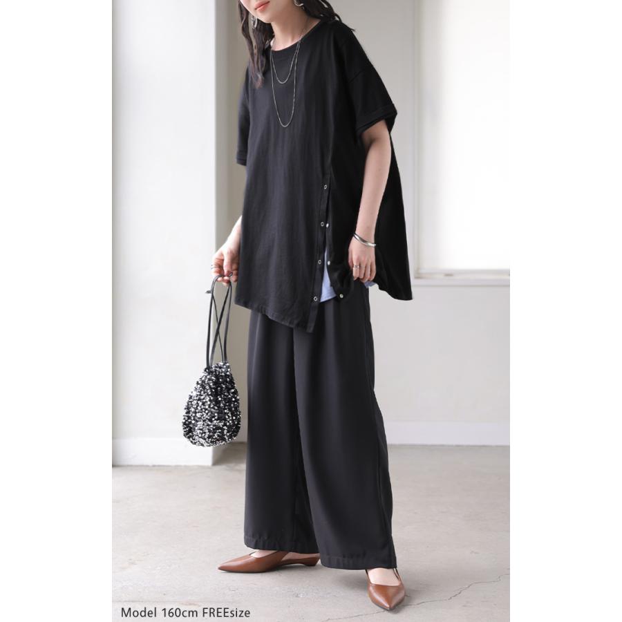 Tシャツ アシンメトリー 綿100 レディース トップス カットソー チュニック ティーシャツ スナップボタン コットン ロールアップ袖 | HUG.U | 11