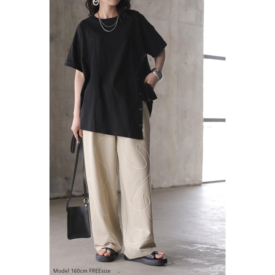 Tシャツ アシンメトリー 綿100 レディース トップス カットソー チュニック ティーシャツ スナップボタン コットン ロールアップ袖 | HUG.U | 16