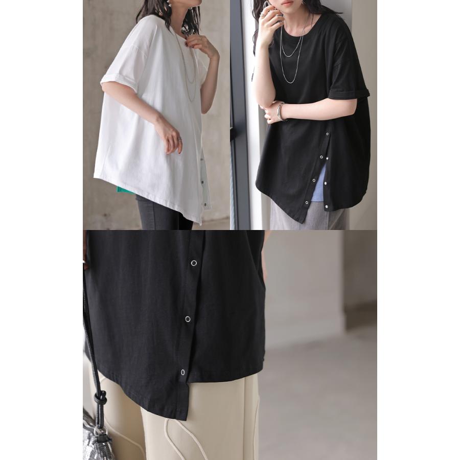 Tシャツ アシンメトリー 綿100 レディース トップス カットソー チュニック ティーシャツ スナップボタン コットン ロールアップ袖 | HUG.U | 18