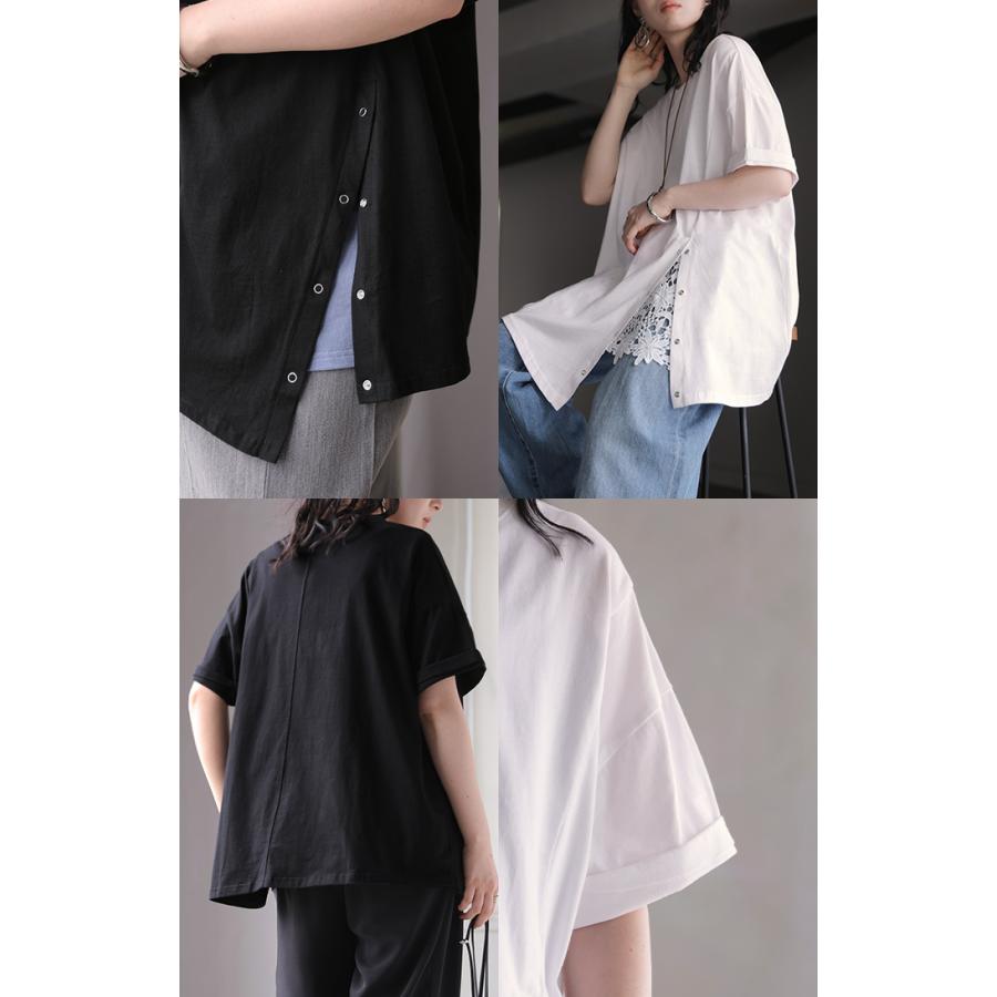 Tシャツ アシンメトリー 綿100 レディース トップス カットソー チュニック ティーシャツ スナップボタン コットン ロールアップ袖 | HUG.U | 21