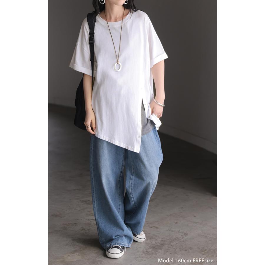 Tシャツ アシンメトリー 綿100 レディース トップス カットソー チュニック ティーシャツ スナップボタン コットン ロールアップ袖 | HUG.U | 04