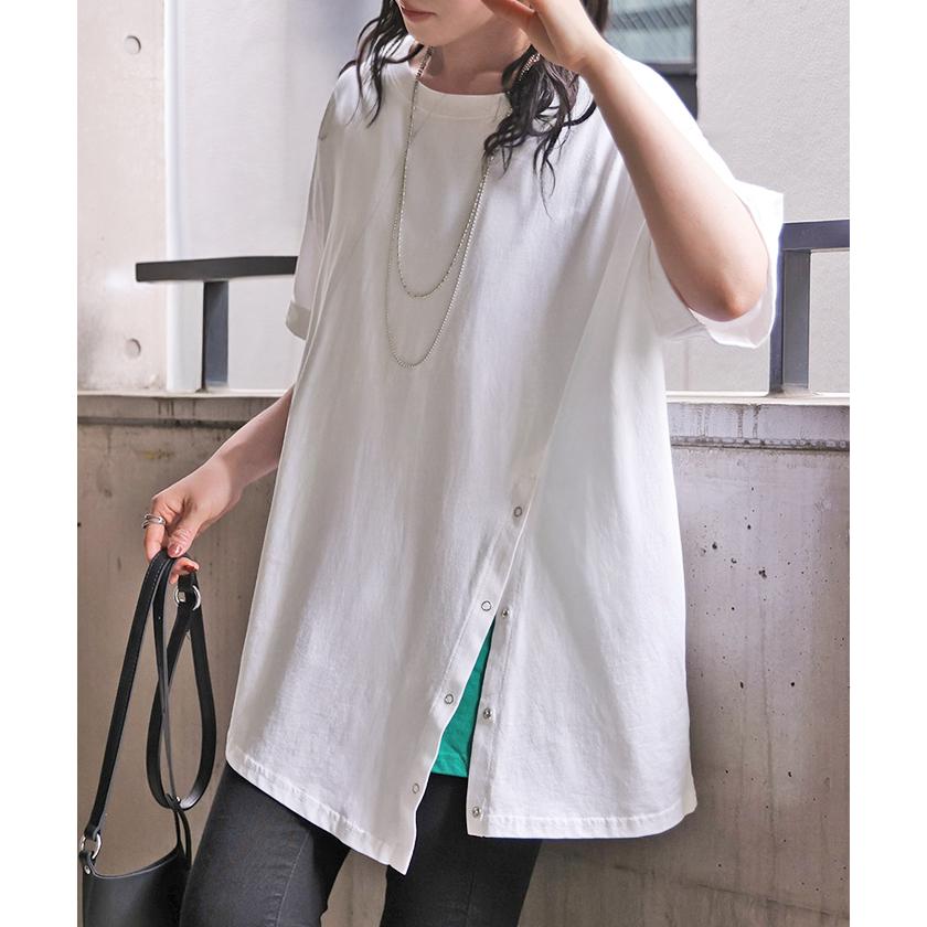 Tシャツ アシンメトリー 綿100 レディース トップス カットソー チュニック ティーシャツ スナップボタン コットン ロールアップ袖 | HUG.U | 06