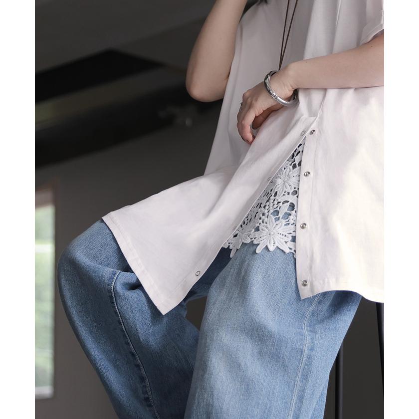 Tシャツ アシンメトリー 綿100 レディース トップス カットソー チュニック ティーシャツ スナップボタン コットン ロールアップ袖 | HUG.U | 10