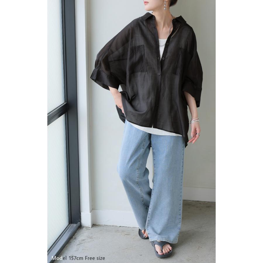 シャツ シアー ブラウス レディース トップス ロング アウター シアーシャツ 透け感 バンドカラー 前開き シースルー 半袖 五分袖 七分袖 羽織 ライトアウター | HUG.U | 07