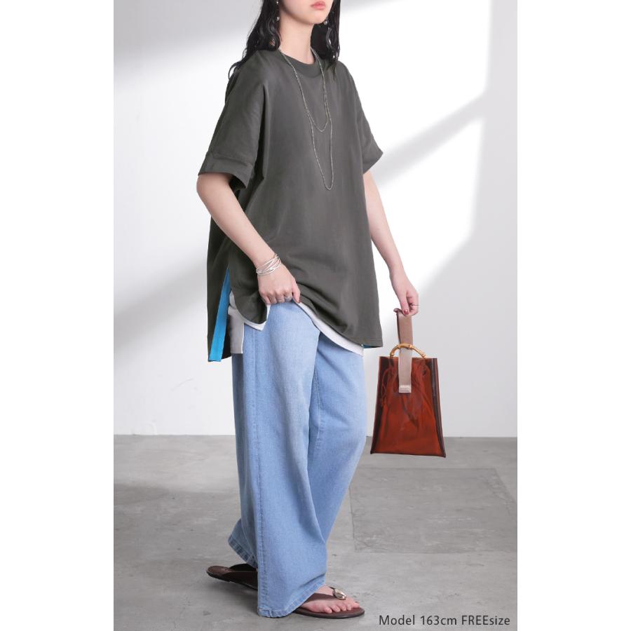 Tシャツ 綿100 配色 スリット レディース トップス ロング カットソー 半袖 チュニック ティーシャツ モックネック バイカラー オーバーサイズ | HUG.U | 20