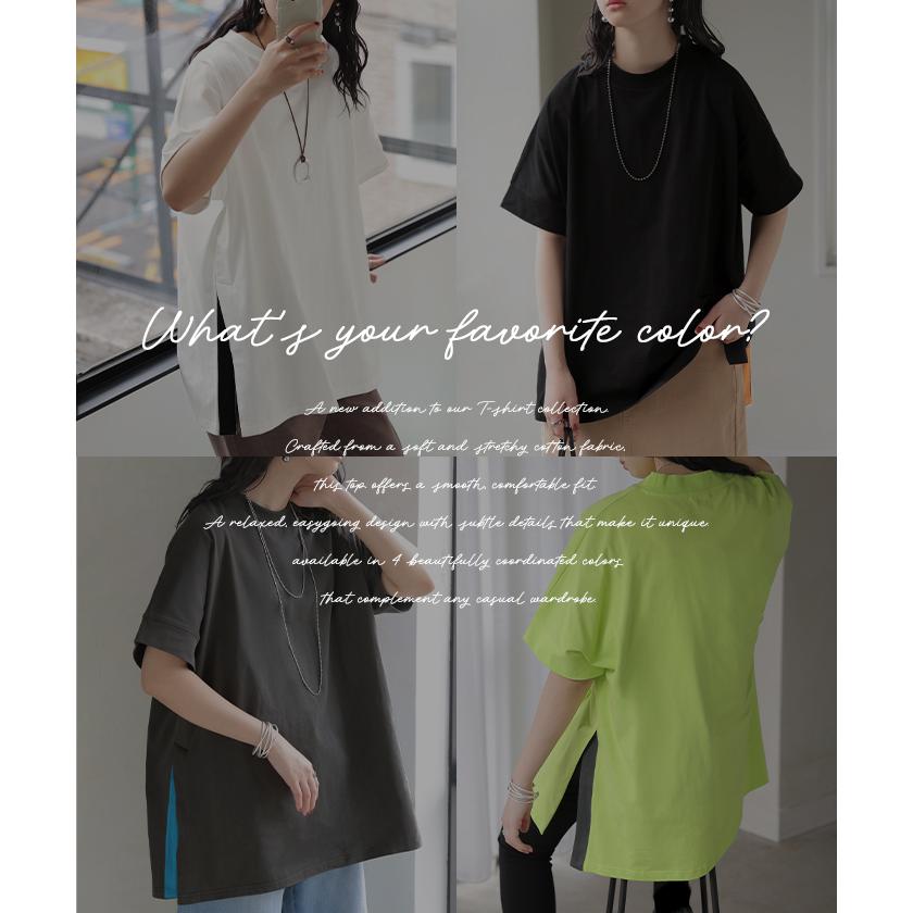 Tシャツ 綿100 配色 スリット レディース トップス ロング カットソー 半袖 チュニック ティーシャツ モックネック バイカラー オーバーサイズ | HUG.U | 21