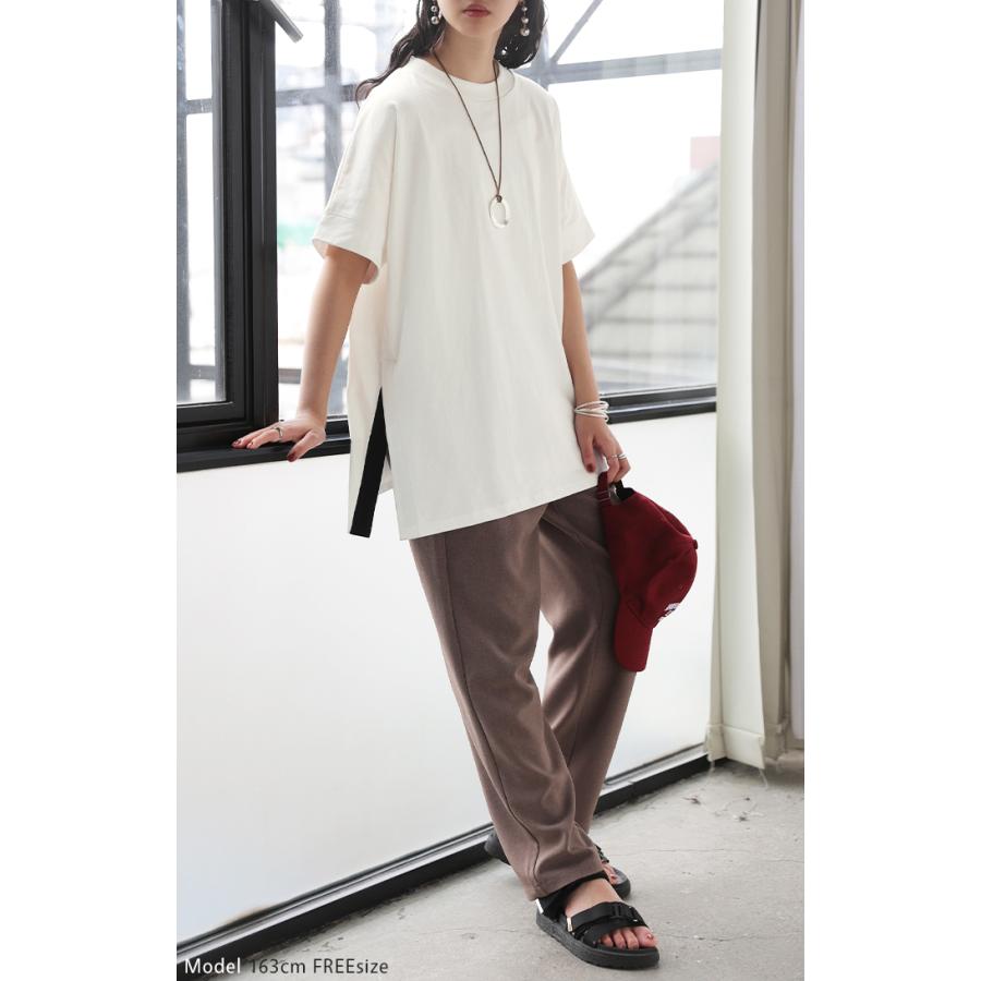 Tシャツ 綿100 配色 スリット レディース トップス ロング カットソー 半袖 チュニック ティーシャツ モックネック バイカラー オーバーサイズ | HUG.U | 23