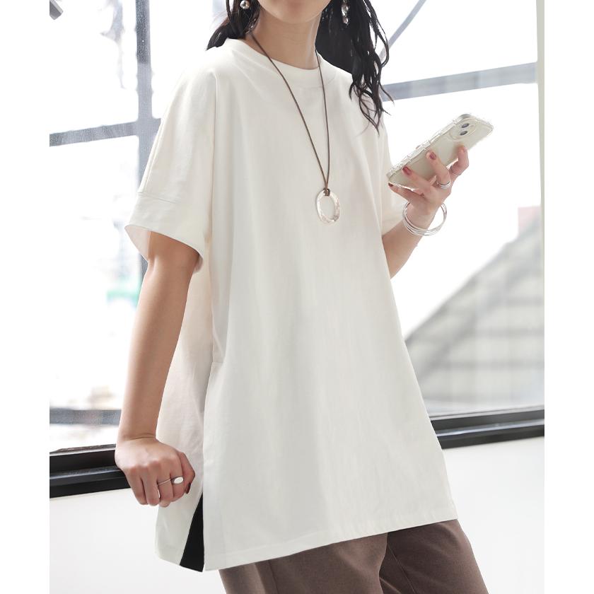 Tシャツ 綿100 配色 スリット レディース トップス ロング カットソー 半袖 チュニック ティーシャツ モックネック バイカラー オーバーサイズ | HUG.U | 08