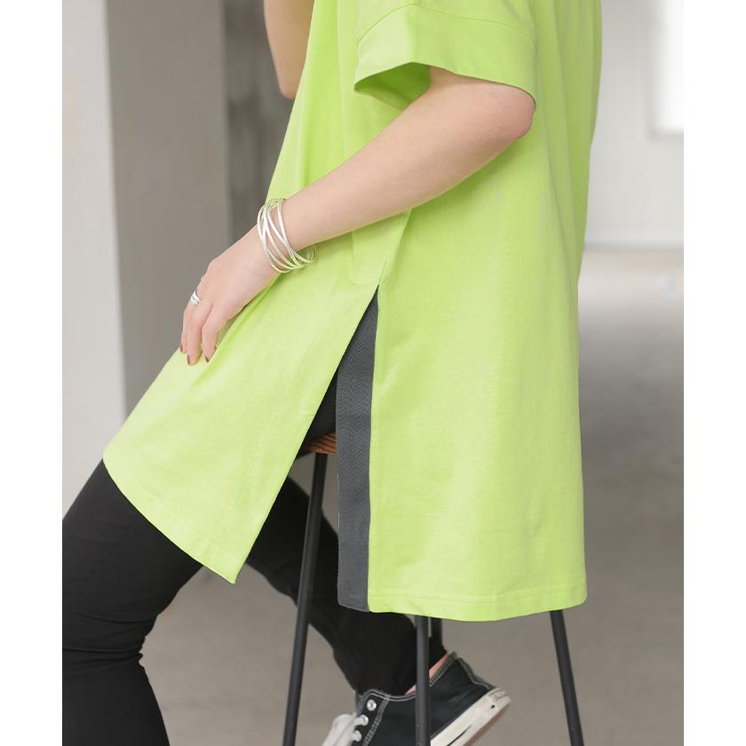 Tシャツ 綿100 配色 スリット レディース トップス ロング カットソー 半袖 チュニック ティーシャツ モックネック バイカラー オーバーサイズ | HUG.U | 11