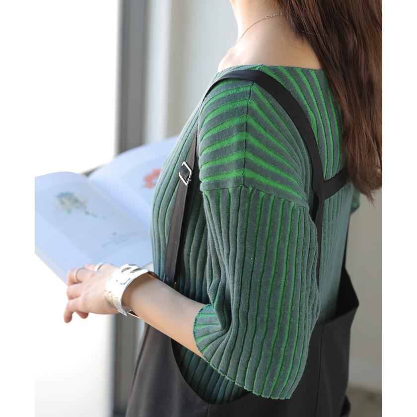 サマーニット リブ 配色 綿100 レディース トップス Tシャツ 半袖 カットソー プルオーバー ティーシャツ リブニット ニット ボートネック ストライプ | HUG.U | 22