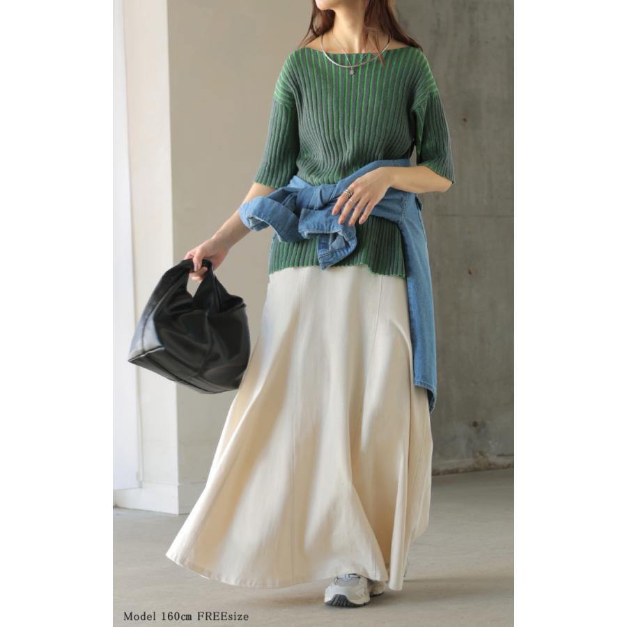 サマーニット リブ 配色 綿100 レディース トップス Tシャツ 半袖 カットソー プルオーバー ティーシャツ リブニット ニット ボートネック ストライプ | HUG.U | 06