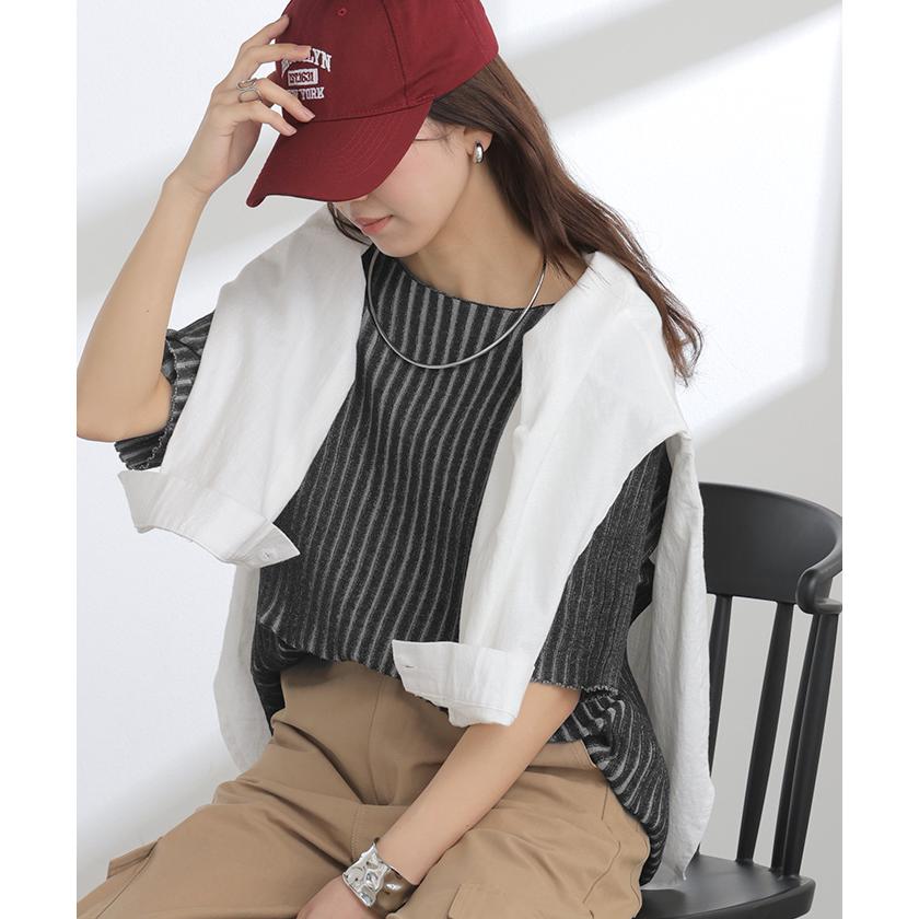 サマーニット リブ 配色 綿100 レディース トップス Tシャツ 半袖 カットソー プルオーバー ティーシャツ リブニット ニット ボートネック ストライプ | HUG.U | 07
