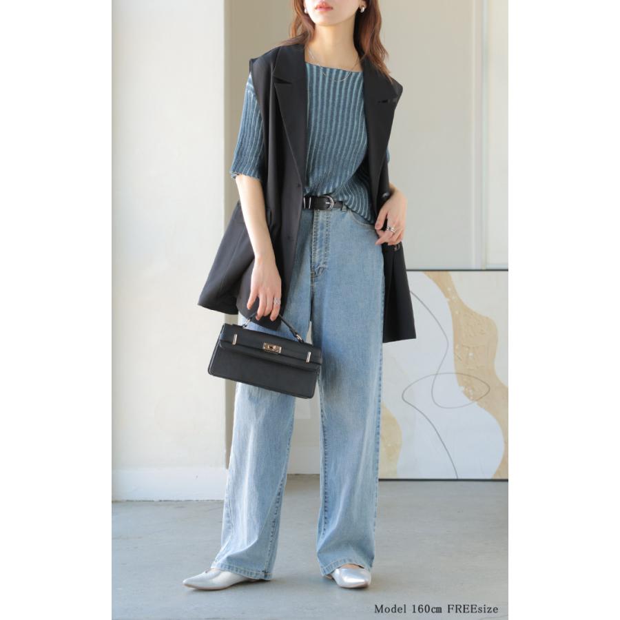 サマーニット リブ 配色 綿100 レディース トップス Tシャツ 半袖 カットソー プルオーバー ティーシャツ リブニット ニット ボートネック ストライプ | HUG.U | 11