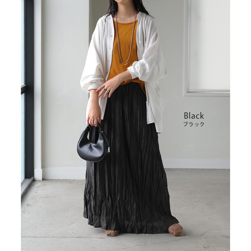 スカート ロング プリーツ シワ加工 レディース ロングスカート フレア フレアスカート マキシ Aライン ハイウエスト ワッシャー ふんわり ウエストゴム | HUG.U | 17