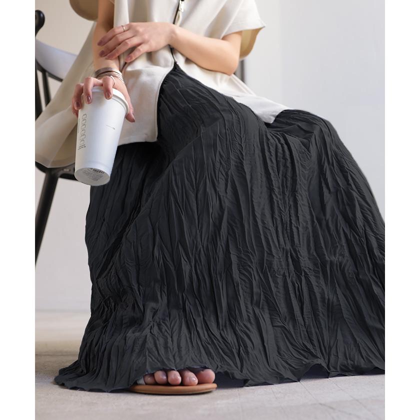 スカート ロング プリーツ シワ加工 レディース ロングスカート フレア フレアスカート マキシ Aライン ハイウエスト ワッシャー ふんわり ウエストゴム | HUG.U | 05