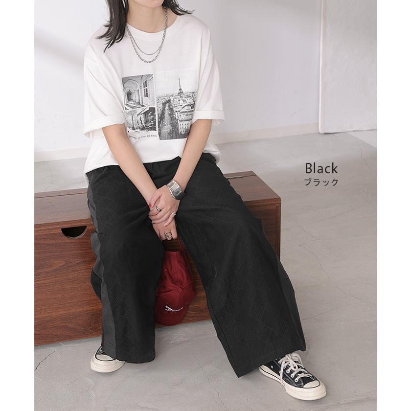 パンツ レース 異素材 MIX ワイド レディース ボトムス ロング ストレート ハイウエスト ワイドパンツ ロングパンツ メッシュ 幾何学 柄 | HUG.U | 13