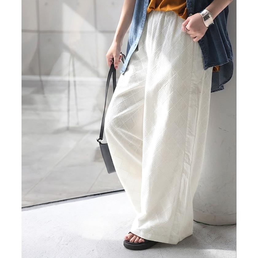 パンツ レース 異素材 MIX ワイド レディース ボトムス ロング ストレート ハイウエスト ワイドパンツ ロングパンツ メッシュ 幾何学 柄 | HUG.U | 19