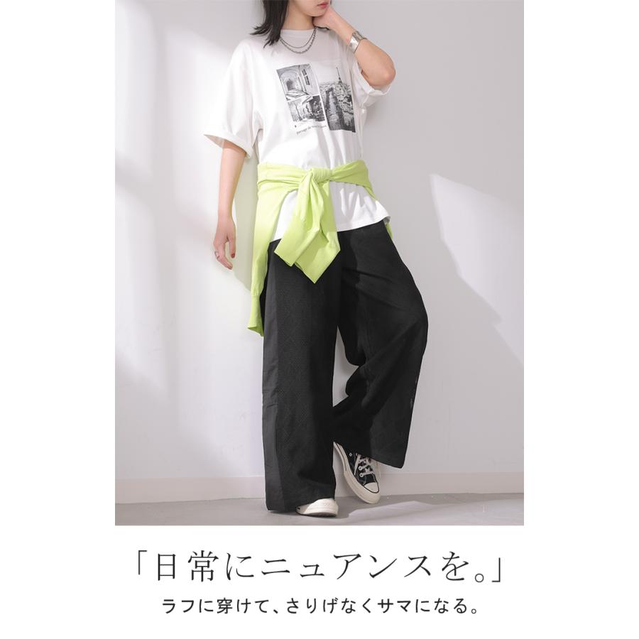 パンツ レース 異素材 MIX ワイド レディース ボトムス ロング ストレート ハイウエスト ワイドパンツ ロングパンツ メッシュ 幾何学 柄 | HUG.U | 03