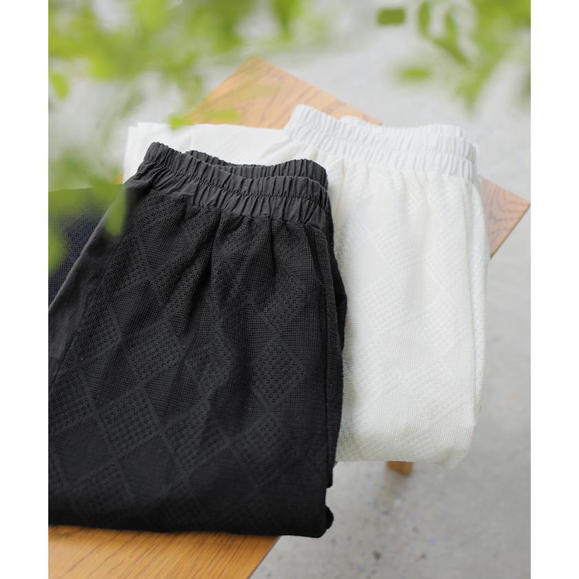 パンツ レース 異素材 MIX ワイド レディース ボトムス ロング ストレート ハイウエスト ワイドパンツ ロングパンツ メッシュ 幾何学 柄 | HUG.U | 04