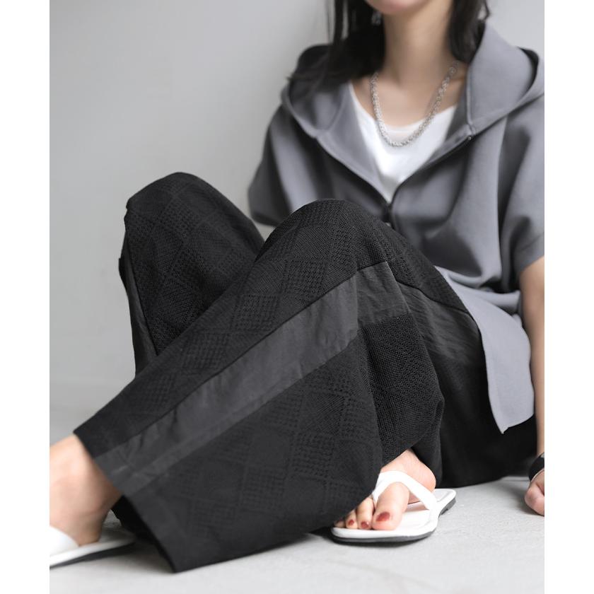 パンツ レース 異素材 MIX ワイド レディース ボトムス ロング ストレート ハイウエスト ワイドパンツ ロングパンツ メッシュ 幾何学 柄 | HUG.U | 05