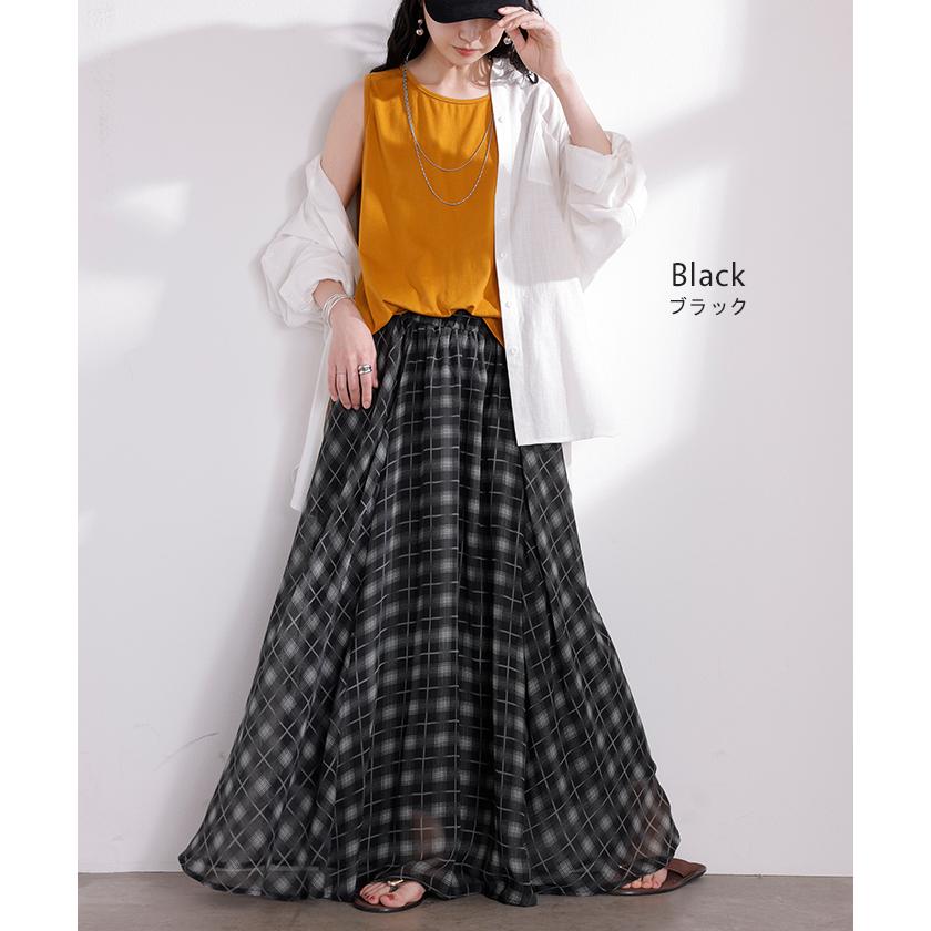スカート ロング チェック 柄 シフォン レディース シフォンスカート フレアスカート ロングスカート Aライン ボトムス ボトム マキシ 軽い 透け感 ウエストゴム | HUG.U | 13