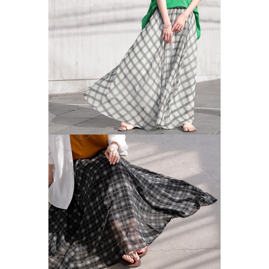 スカート ロング チェック 柄 シフォン レディース シフォンスカート フレアスカート ロングスカート Aライン ボトムス ボトム マキシ 軽い 透け感 ウエストゴム | HUG.U | 21