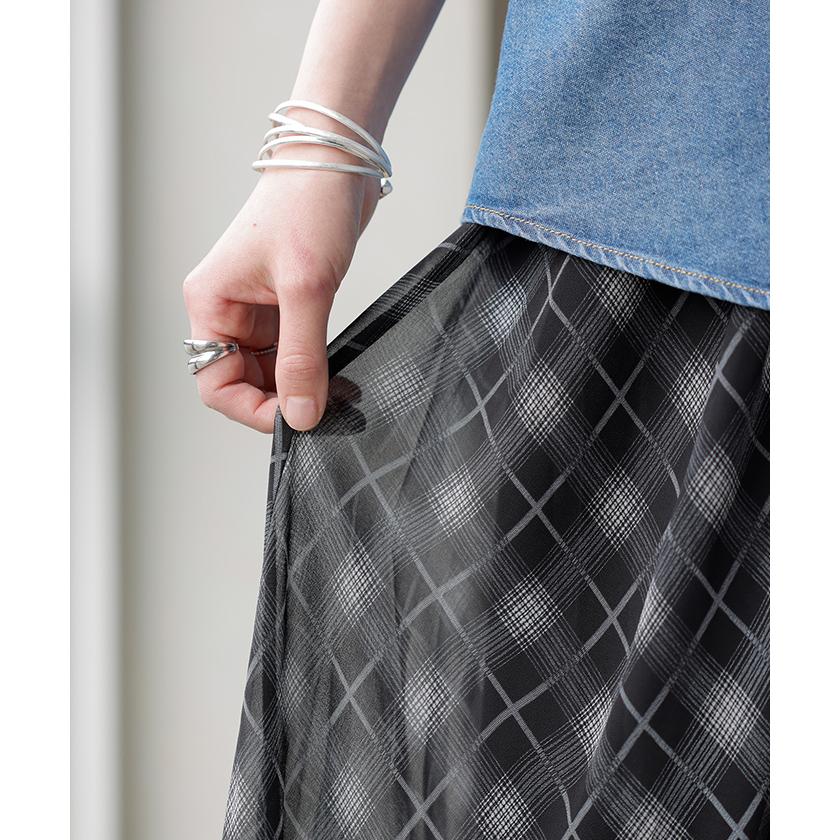 スカート ロング チェック 柄 シフォン レディース シフォンスカート フレアスカート ロングスカート Aライン ボトムス ボトム マキシ 軽い 透け感 ウエストゴム | HUG.U | 04