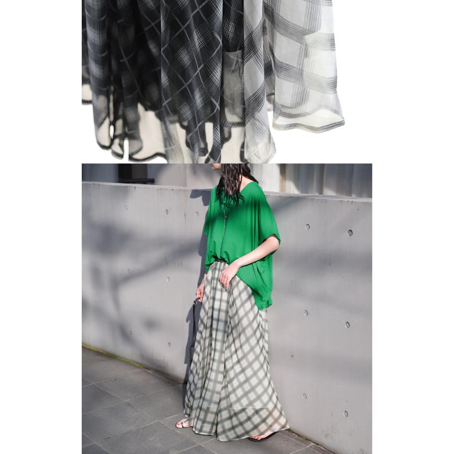 スカート ロング チェック 柄 シフォン レディース シフォンスカート フレアスカート ロングスカート Aライン ボトムス ボトム マキシ 軽い 透け感 ウエストゴム | HUG.U | 05