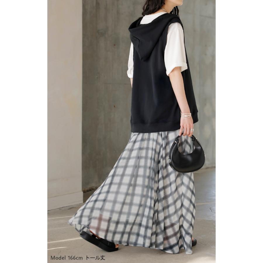 スカート ロング チェック 柄 シフォン レディース シフォンスカート フレアスカート ロングスカート Aライン ボトムス ボトム マキシ 軽い 透け感 ウエストゴム | HUG.U | 09