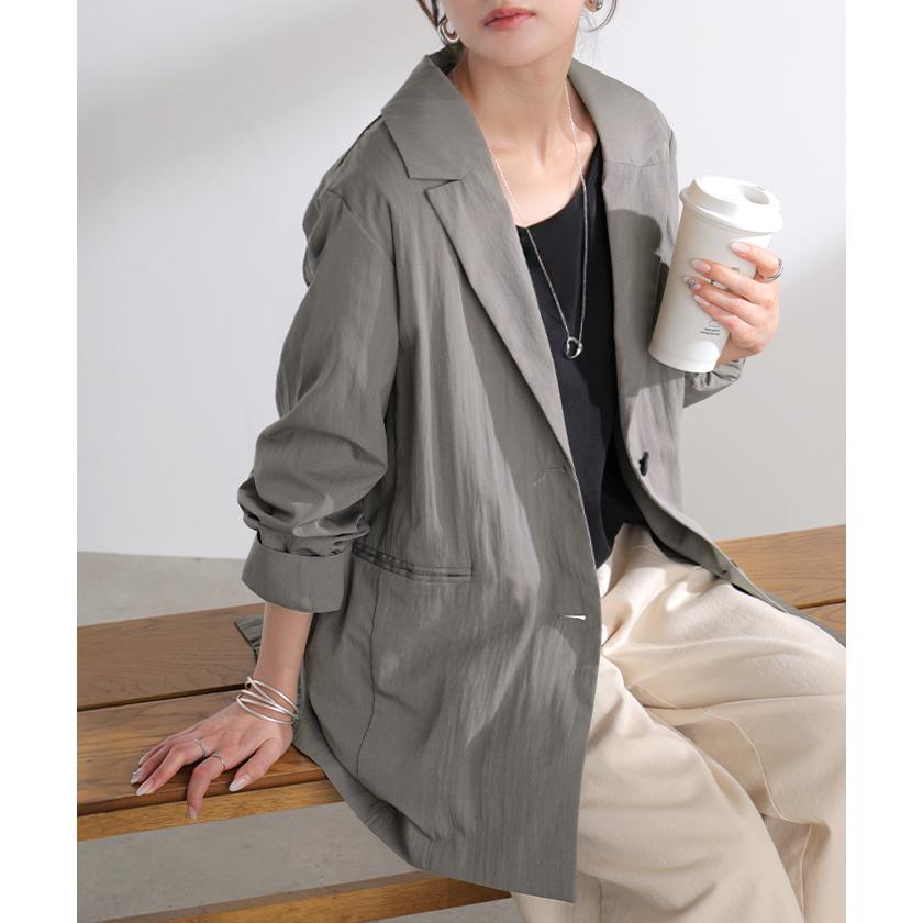 アウター ジャケット ワッシャー テーラード レディース テーラードジャケット ロング シワ加工 襟無地 長袖 羽織 セットアップ 可 オーバーサイズ きれいめ | HUG.U | 05