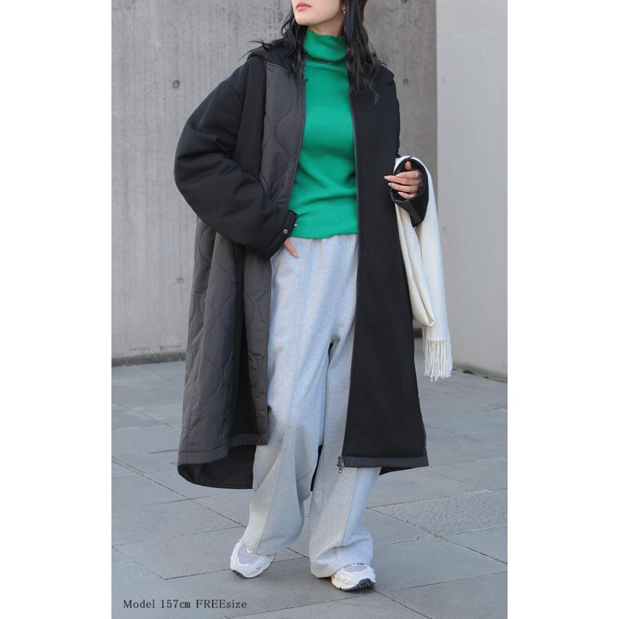 アウター コート 中綿 異素材 MIX レディース ロング ロングコート パーカー ブルゾン キルティング オーバー ハイネック フード ファスナー 羽織 あったか | HUG.U | 11