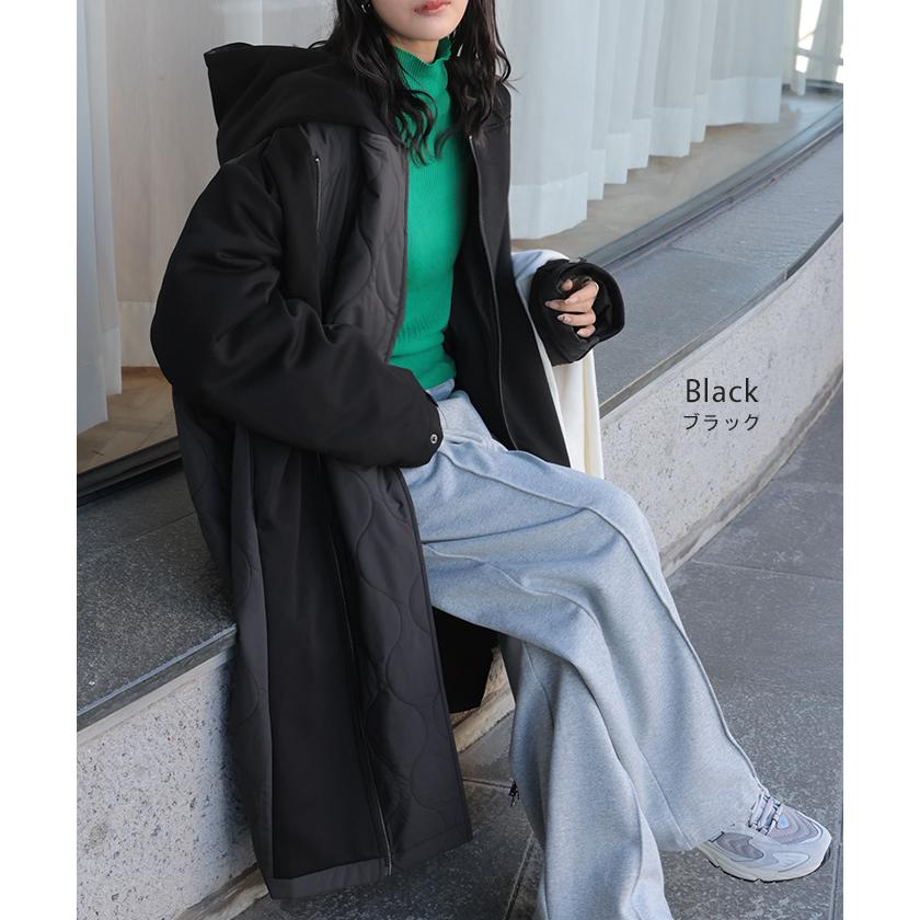 アウター コート 中綿 異素材 MIX レディース ロング ロングコート パーカー ブルゾン キルティング オーバー ハイネック フード ファスナー 羽織 あったか | HUG.U | 14