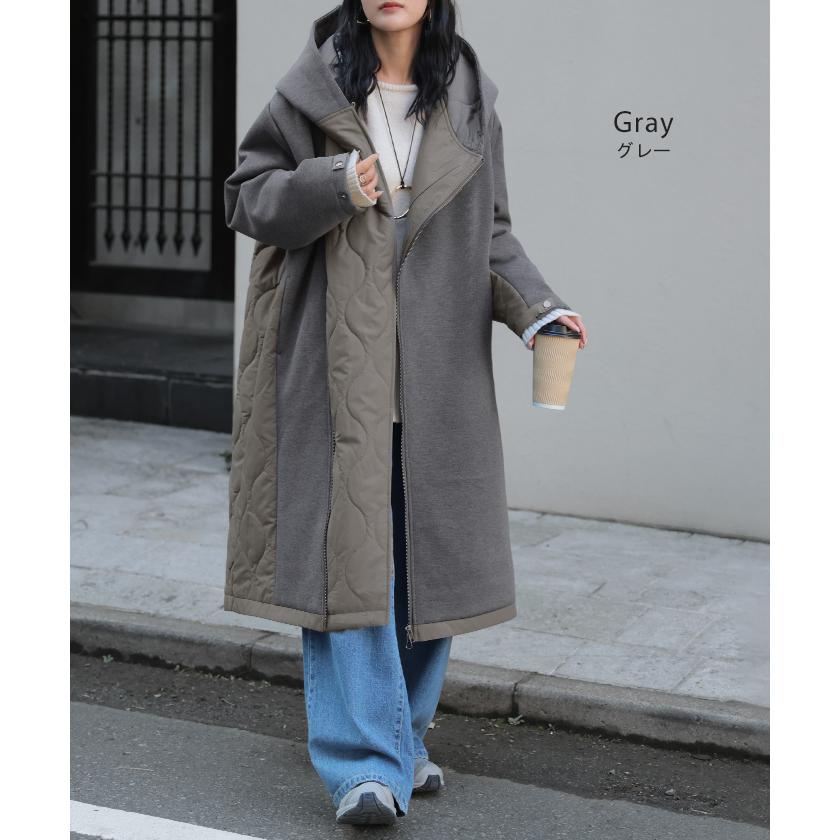 アウター コート 中綿 異素材 MIX レディース ロング ロングコート パーカー ブルゾン キルティング オーバー ハイネック フード ファスナー 羽織 あったか | HUG.U | 15
