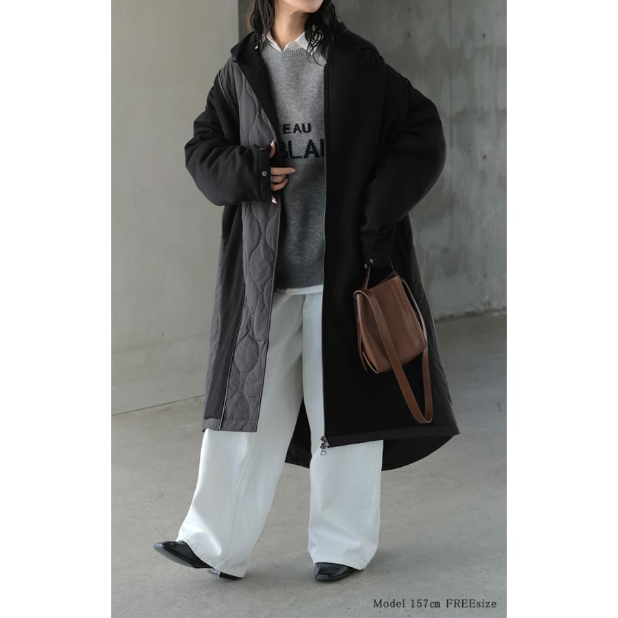 アウター コート 中綿 異素材 MIX レディース ロング ロングコート パーカー ブルゾン キルティング オーバー ハイネック フード ファスナー 羽織 あったか | HUG.U | 17
