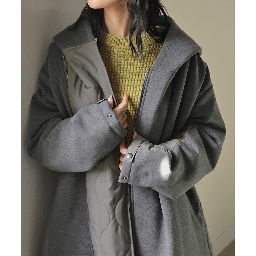 アウター コート 中綿 異素材 MIX レディース ロング ロングコート パーカー ブルゾン キルティング オーバー ハイネック フード ファスナー 羽織 あったか | HUG.U | 18