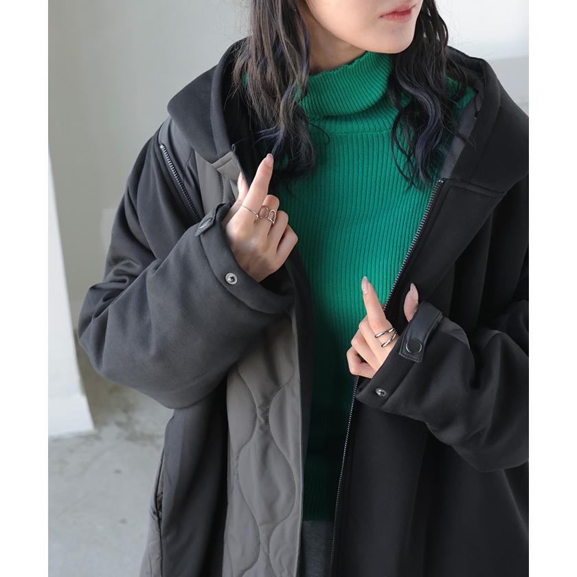 アウター コート 中綿 異素材 MIX レディース ロング ロングコート パーカー ブルゾン キルティング オーバー ハイネック フード ファスナー 羽織 あったか | HUG.U | 05